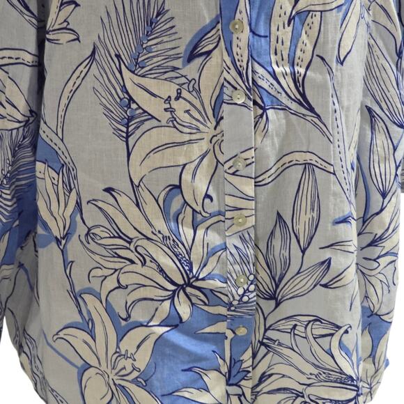 Halston Blue and White Tropical Floral 100 % Linen Button Down Shirt Plus Sz‎ 2X - Picture 4 of 8